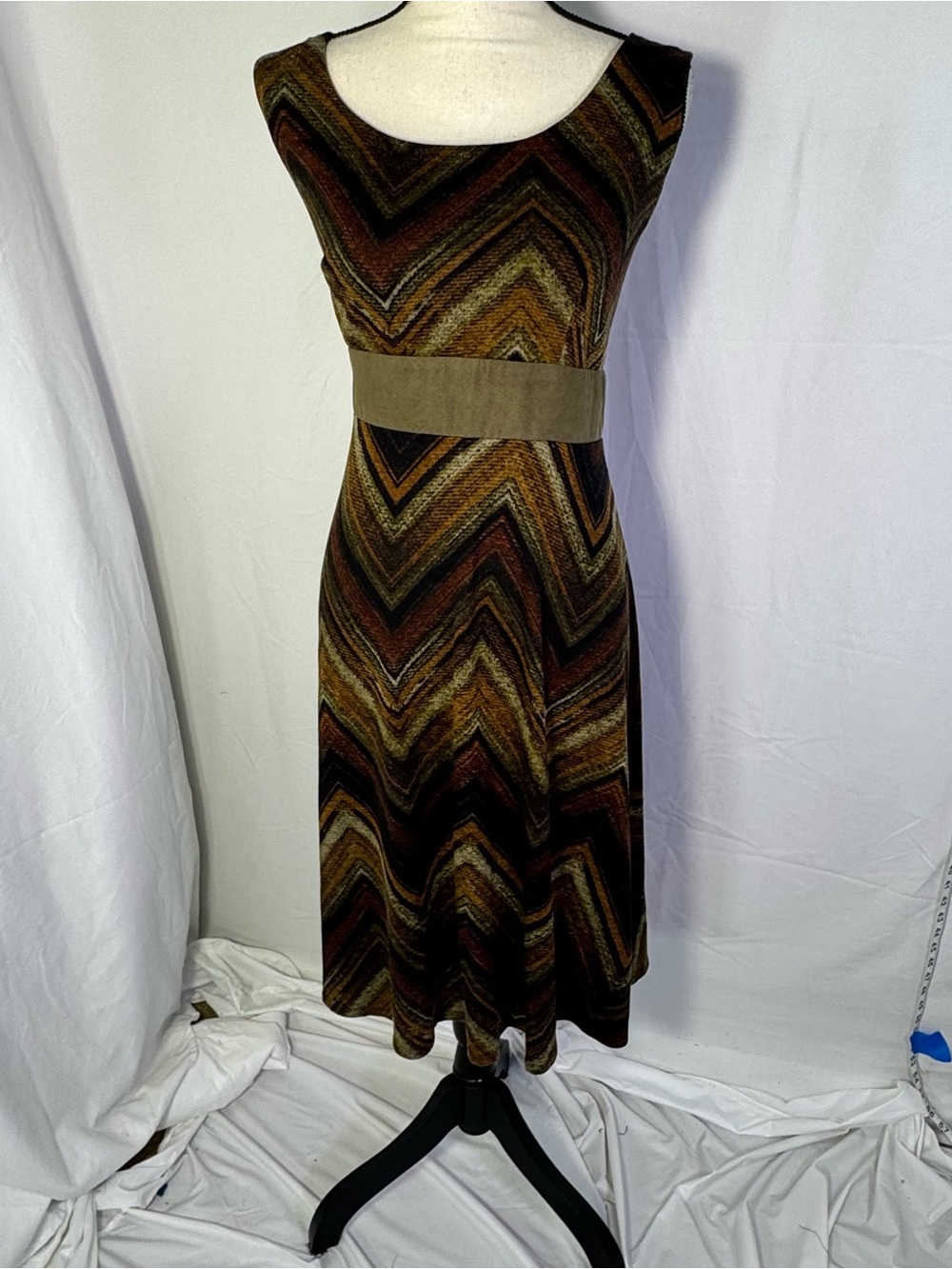 Perceptions Sz 14 Chevron Midi Dress Boho Fall Career Stretch Belted Look